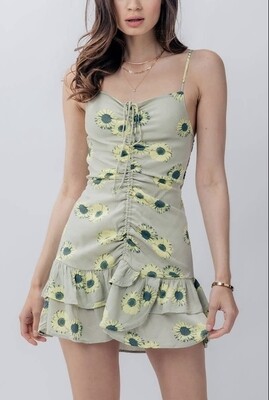 Green Daisy Ruched Ruffle Dress