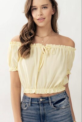 Chambray Drawstring Tie Off The Shoulder Crop Top