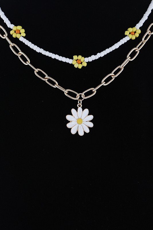 Gold & White Bead Sunflower Necklace/ Earring Set