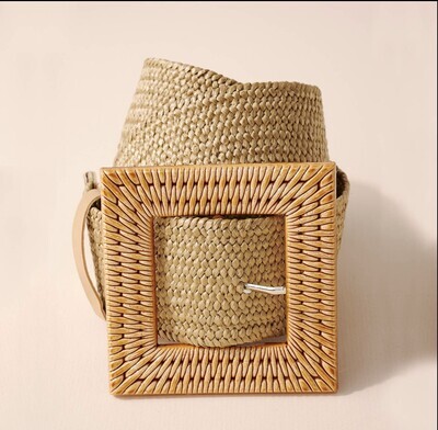 Taupe Wide Square Buckle Straw Belt
