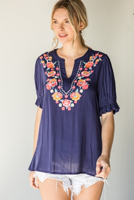 Navy Short Sleeve Top w/ Floral Detail