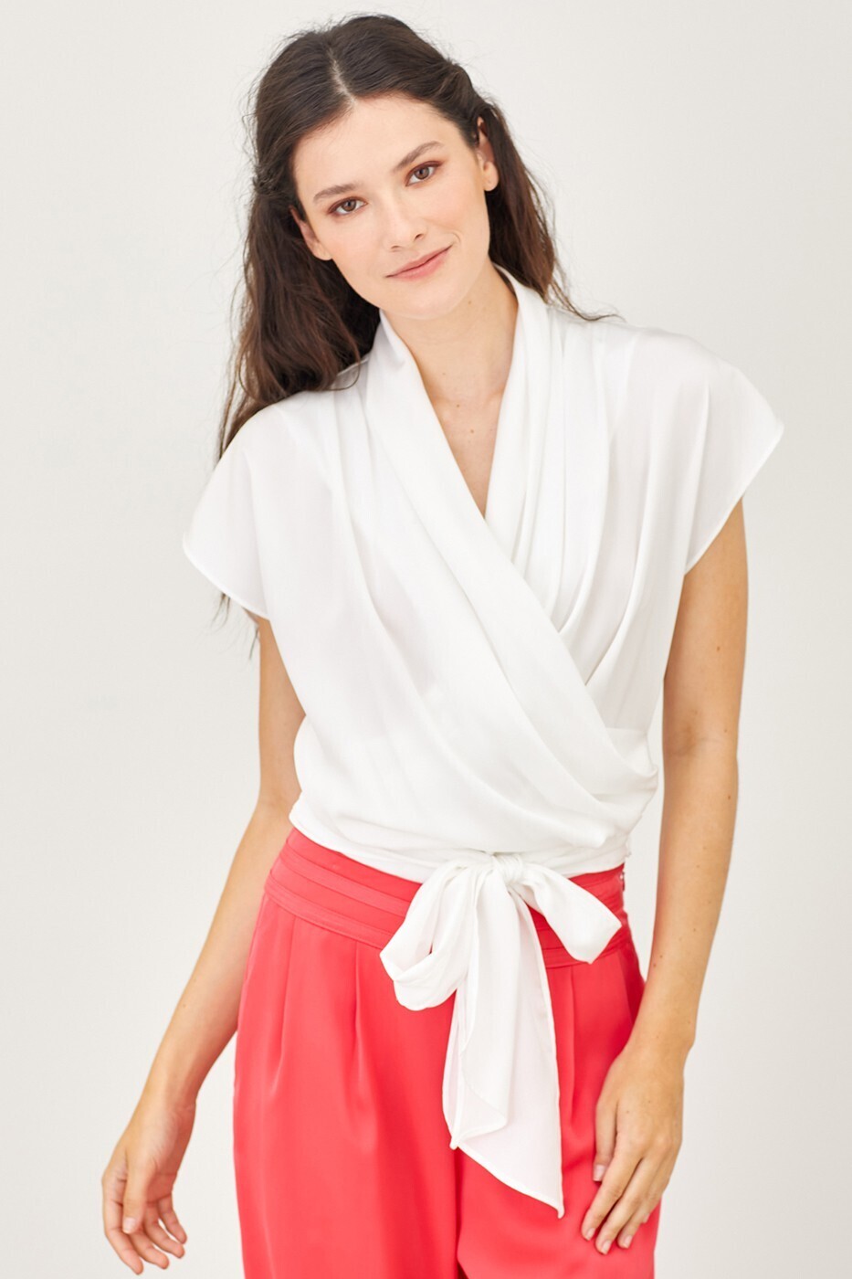 White Wrap Top With Bow Accent