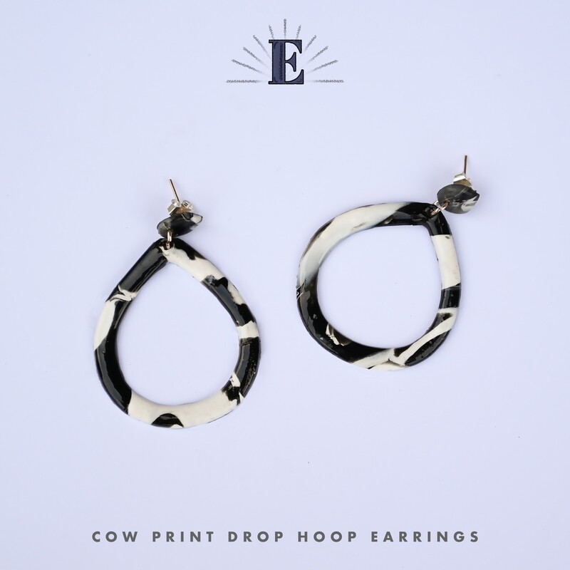 COW PRINT DROP HOOP EARRINGS
