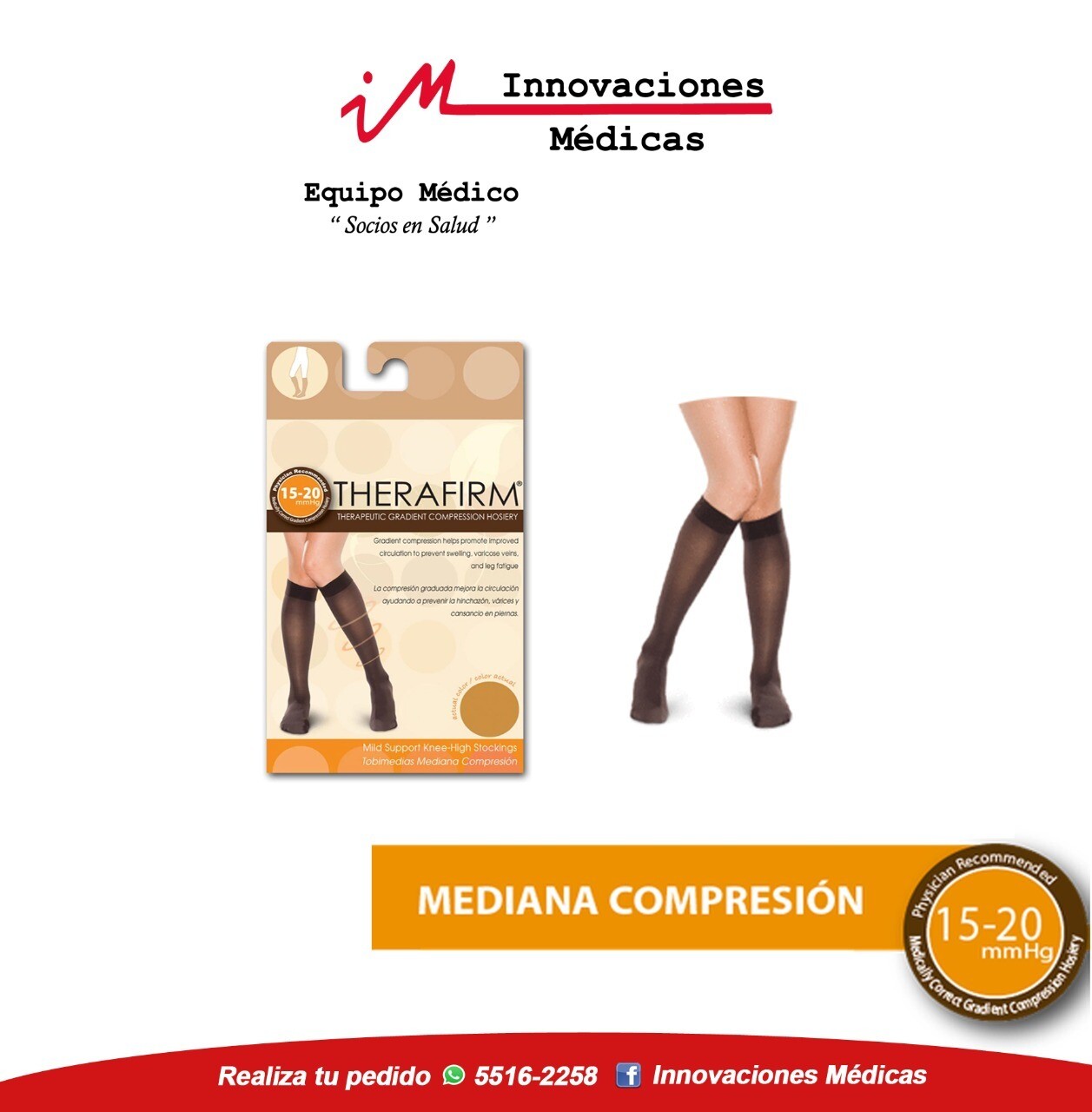 Medias de compresión 15-20mmHg a la rodilla, color negro