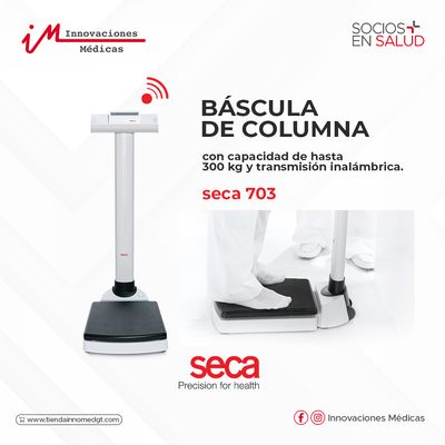 Báscula de columna con capacidad de hasta 300 kg y transmisión inalámbrica.