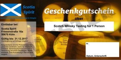 Gutschein für ein Whisky Tasting für 1 Person ( 1x 54 € ) Gutschein für ein Whisky Tasting für 1 Person ( 1x 54 € )