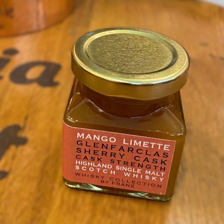 Marmelade Mango Limette mit Glenfarclas Sherry Cask Single Malt Cask Strength Whisky, Whisky-Collection by Franz, 150g Marmelade Mango Limette mit Glenfarclas Sherry Cask Single Malt Cask Strength Whisky, Whisky-Collection by Franz, 150g