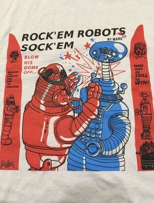 Rockem Sockem robots Robby Robot Vs B 9 Lost In Space Robot Parody T-Shirt Large
