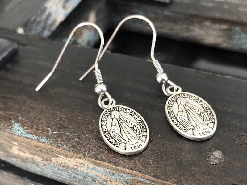 Virgin Mary medallion dangle earrings