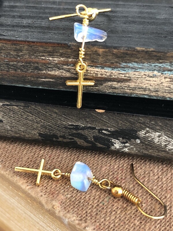 Gold cross dangle stone earrings