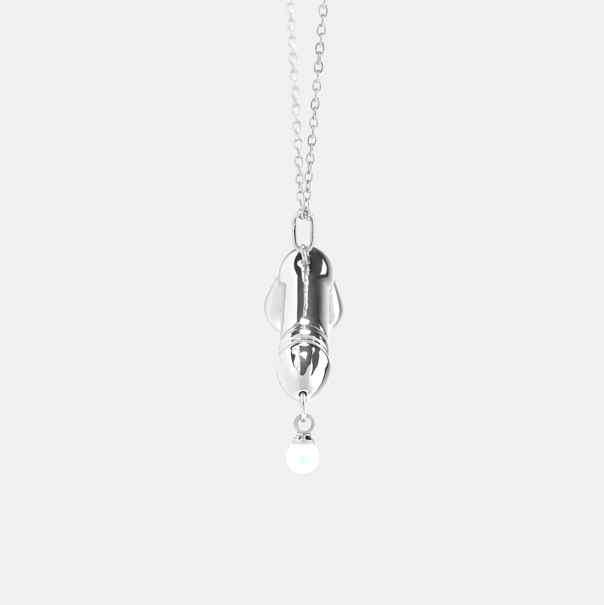 Hoemo World - Pearl Drip Dick Pendant Necklace - Silver