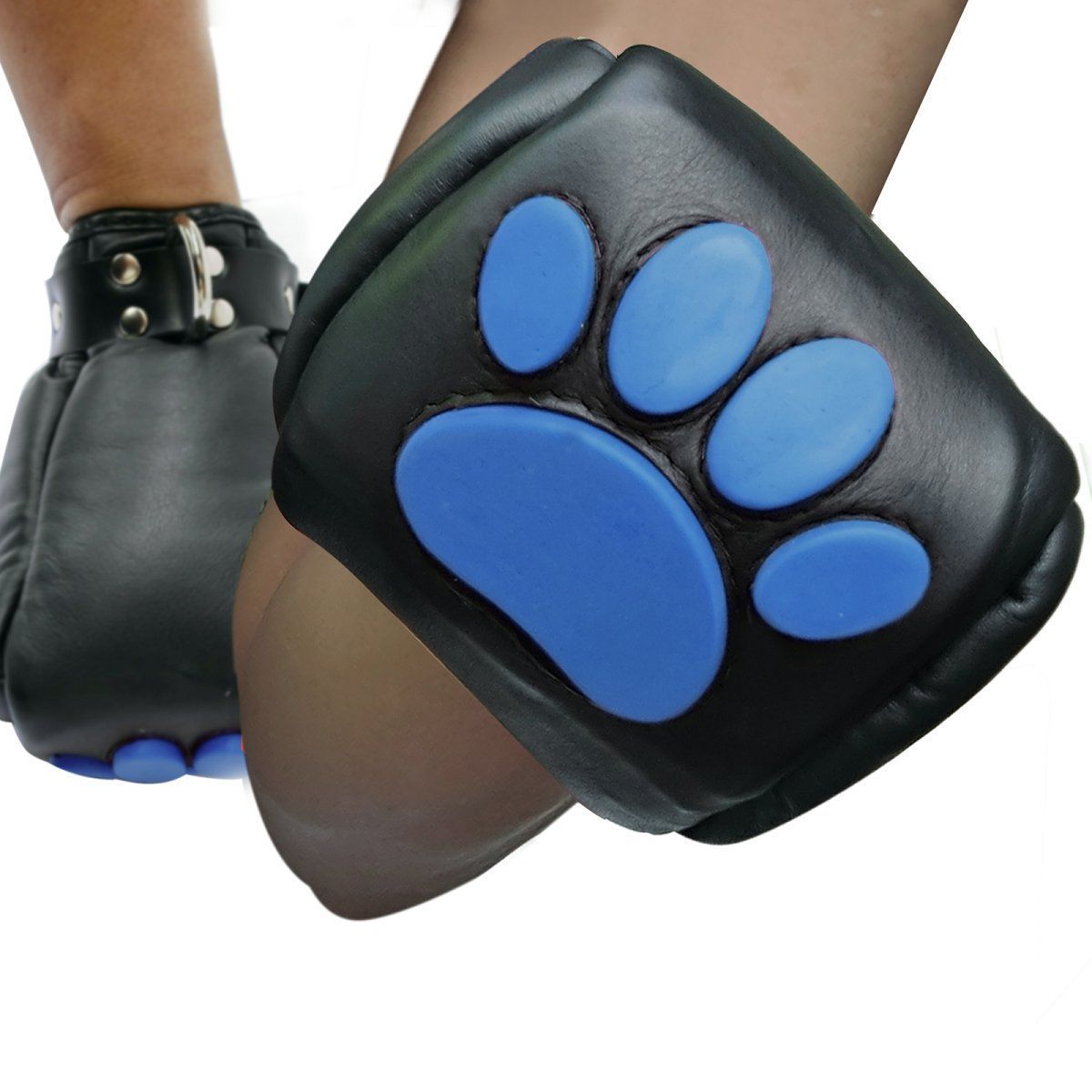 Mister B - Leather Puppy Paws - Black Blue, Size: S/M: Max width of fist 8-10 cm (3-4 inch)