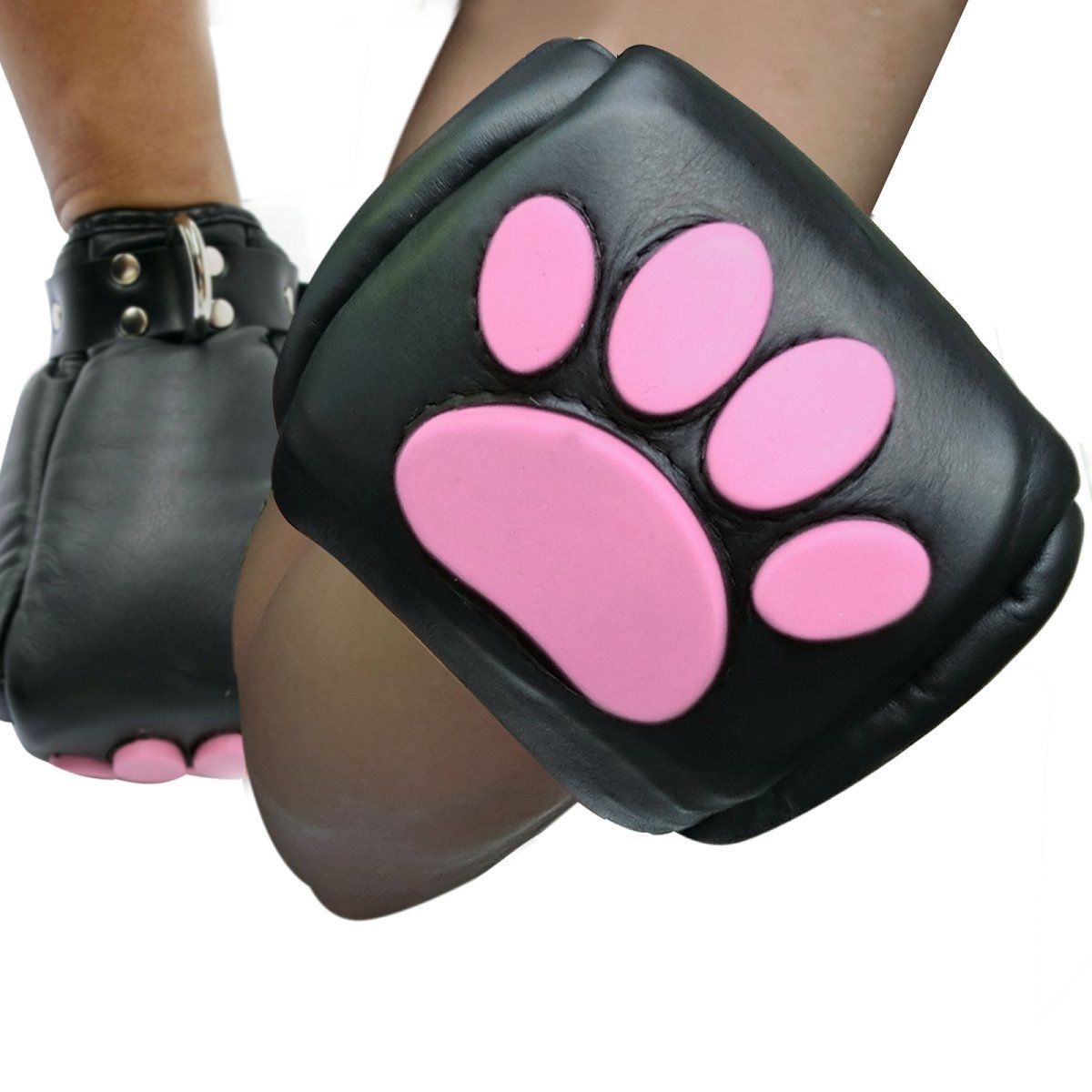 Mister B - Leather Puppy Paws - Black Pink, Size: S/M: Max width of fist 8-10 cm (3-4 inch)