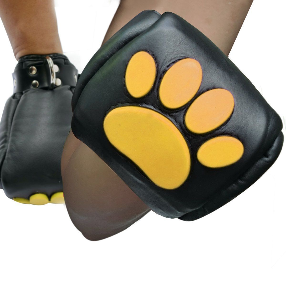 Mister B - Leather Puppy Paws - Black Yellow, Size: S/M: Max width of fist 8-10 cm (3-4 inch)