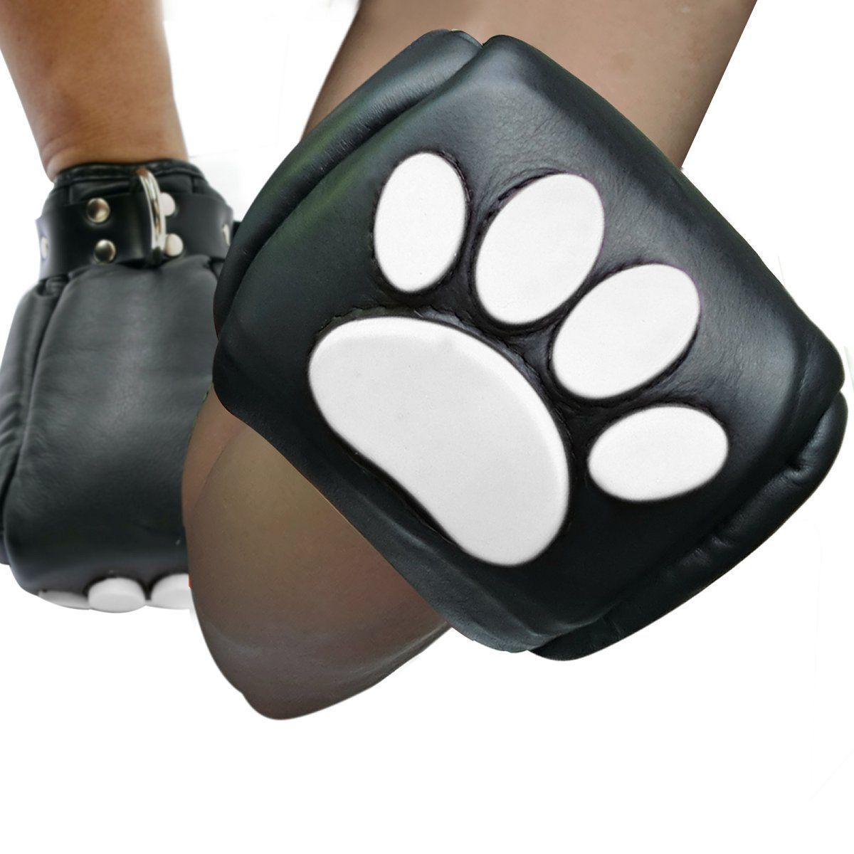 Mister B - Leather Puppy Paws - Black White, Size: S/M: Max width of fist 8-10 cm (3-4 inch)