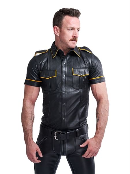 Mister B - Leather Police Shirt w/ Short Sleeves - Yellow Piping