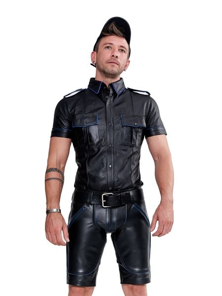 Mister B - Leather Police Shirt w/ Short Sleeves - Blue Piping