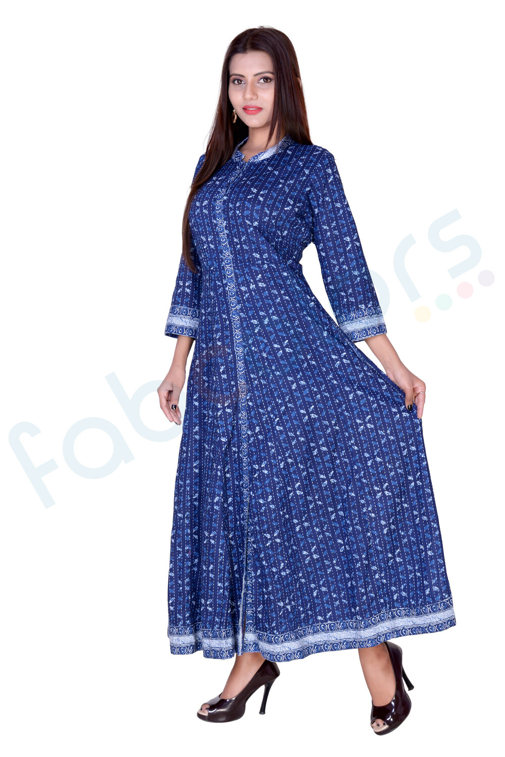Women Designer Long Flared Kurta Blue Front Slit