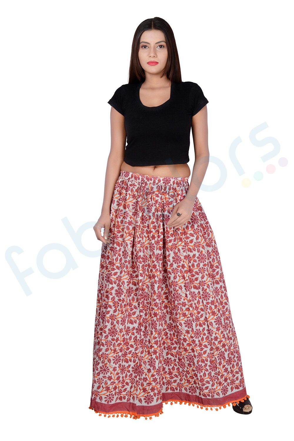 Block Print Pure Cotton Long Skirt Red Floral