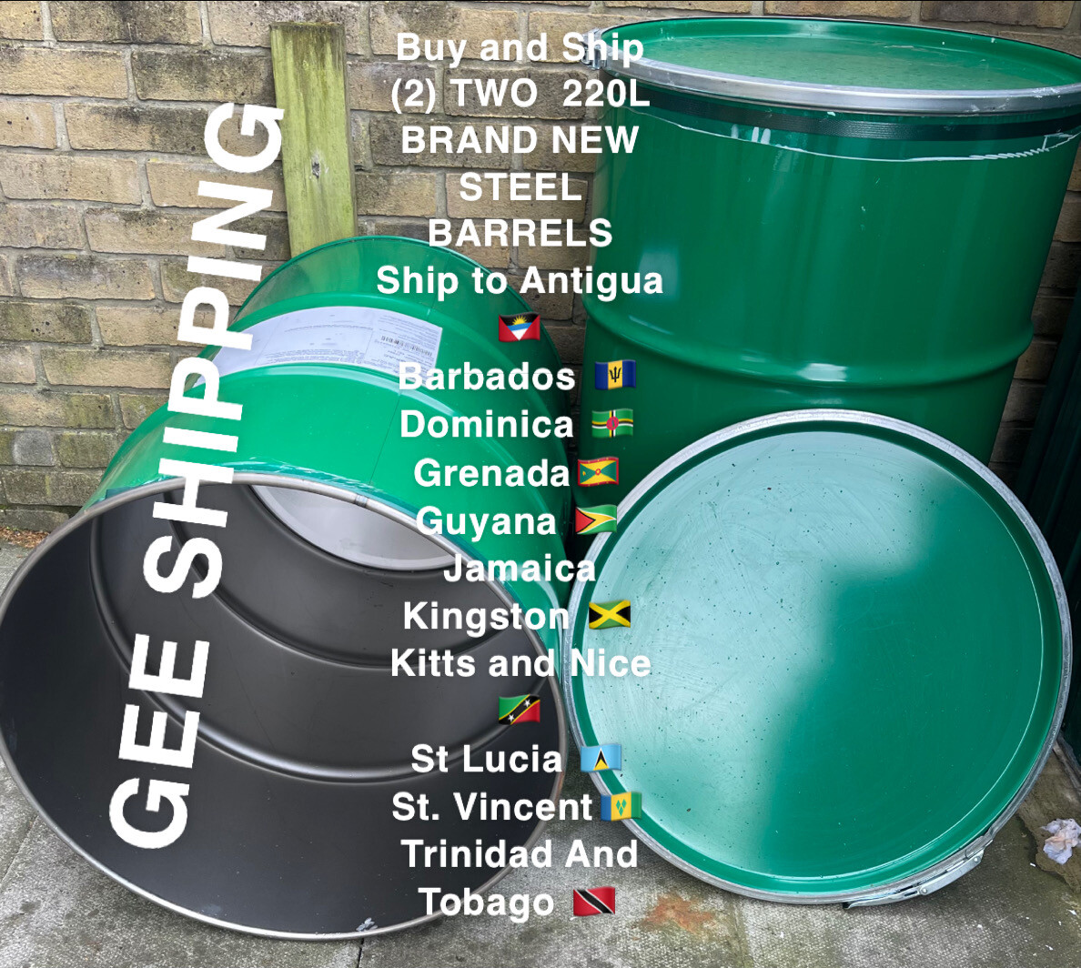 Buy and Ship (2) Steel Barrels to Ship to Antigua🇦🇬 Barbados 🇧🇧 Dominica 🇩🇲 Grenada🇬🇩 Guyana 🇬🇾 Kitts and Nice 🇰🇳 Jamaica Kingston🇯🇲 St Lucia 🇱🇨 St.Vincent🇻🇨 Trinidad & Tobago🇹🇹.