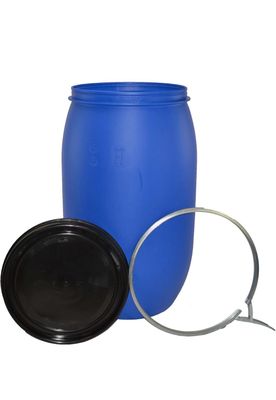 ITP Packaging 120 Litre Plastic Blue Open Top Storage Shipping Barrel Drum Keg with Lid and Latch Ring with Lock, UN Approved, Food Grade for Shipping, Air Tight