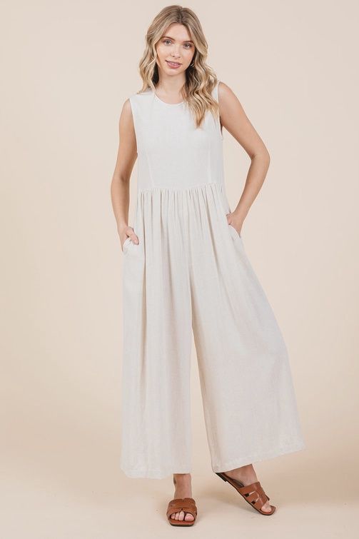 Linen Wide Leg Jumpsuit, Size: S