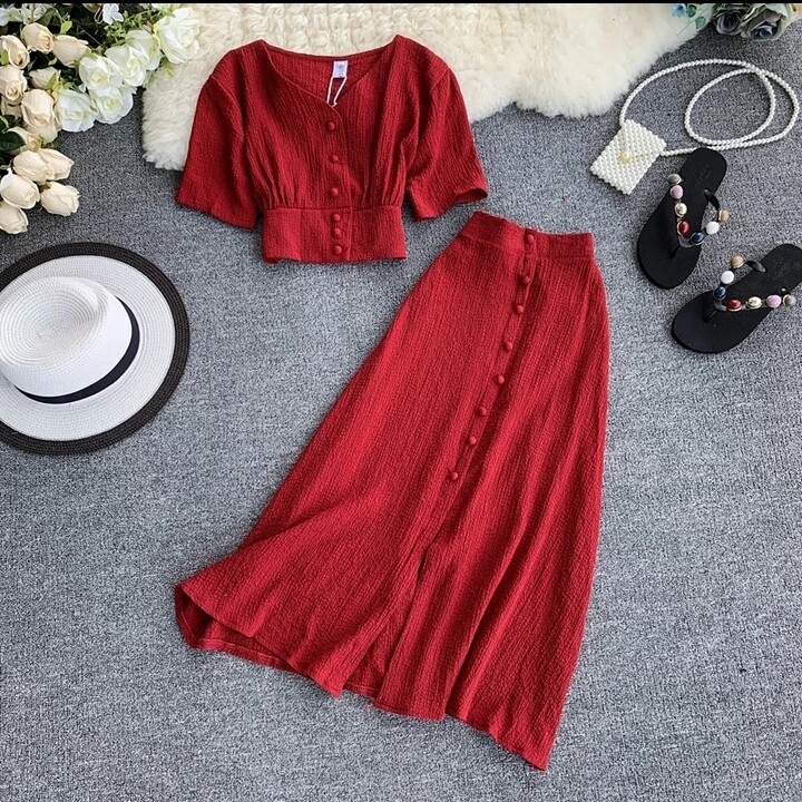 MUMUZI Fashion women beach wear short design front buttons tops and long skirt 2pcs set solid color blouses and side open skirt