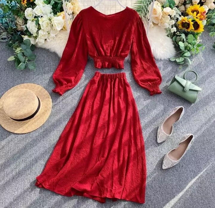 MUMUZI Fashion women beach wear short design front buttons tops and long skirt 2pcs set solid color blouses and side open skirt