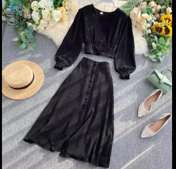MUMUZI Fashion women beach wear short design front buttons tops and long skirt 2pcs set solid color blouses and side open skirt
