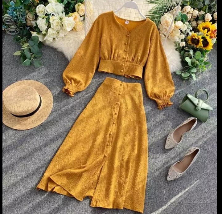 MUMUZI Fashion women beach wear short design front buttons tops and long skirt 2pcs set solid color blouses and side open skirt