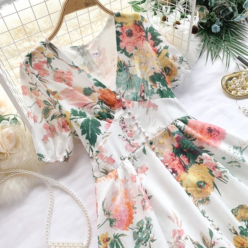 MUMUZI Short sleeve flower print Dress V-neck front buttons A line dresses 2020 new vintage floral dresses