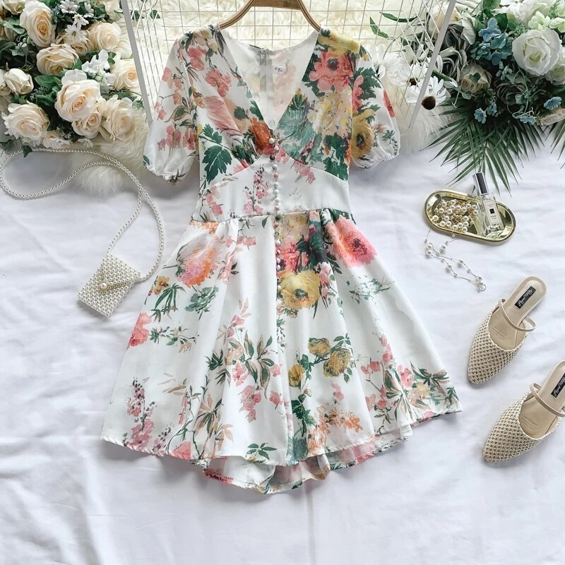 MUMUZI Short sleeve flower print Dress V-neck front buttons A line dresses 2020 new vintage floral dresses