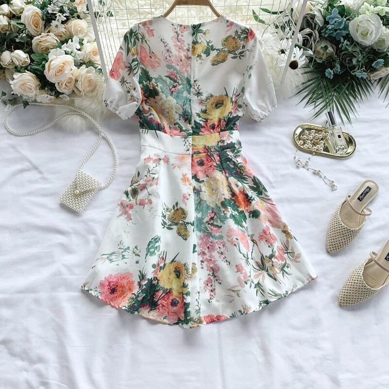 MUMUZI Short sleeve flower print Dress V-neck front buttons A line dresses 2020 new vintage floral dresses
