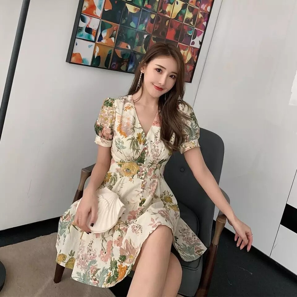 MUMUZI Short sleeve flower print Dress V-neck front buttons A line dresses 2020 new vintage floral dresses