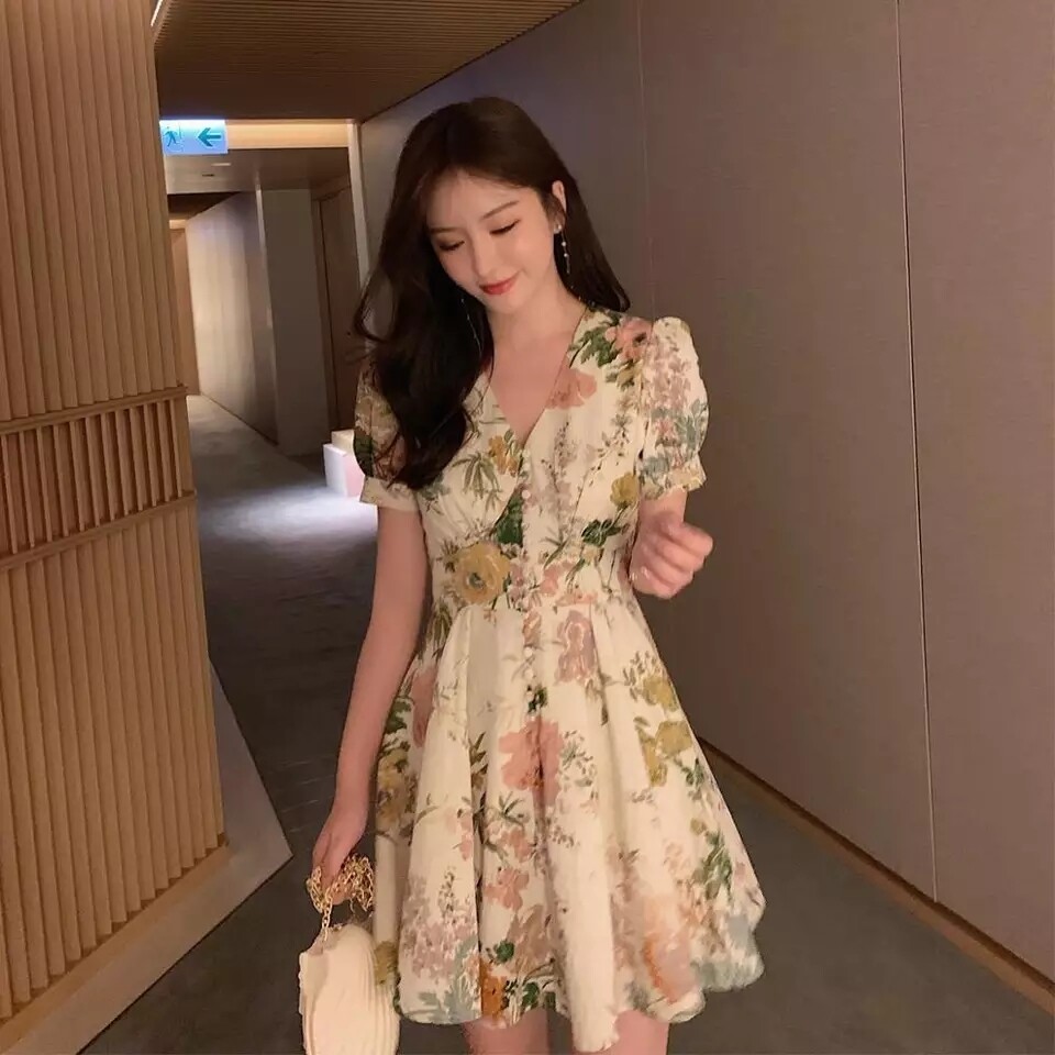 MUMUZI Short sleeve flower print Dress V-neck front buttons A line dresses 2020 new vintage floral dresses