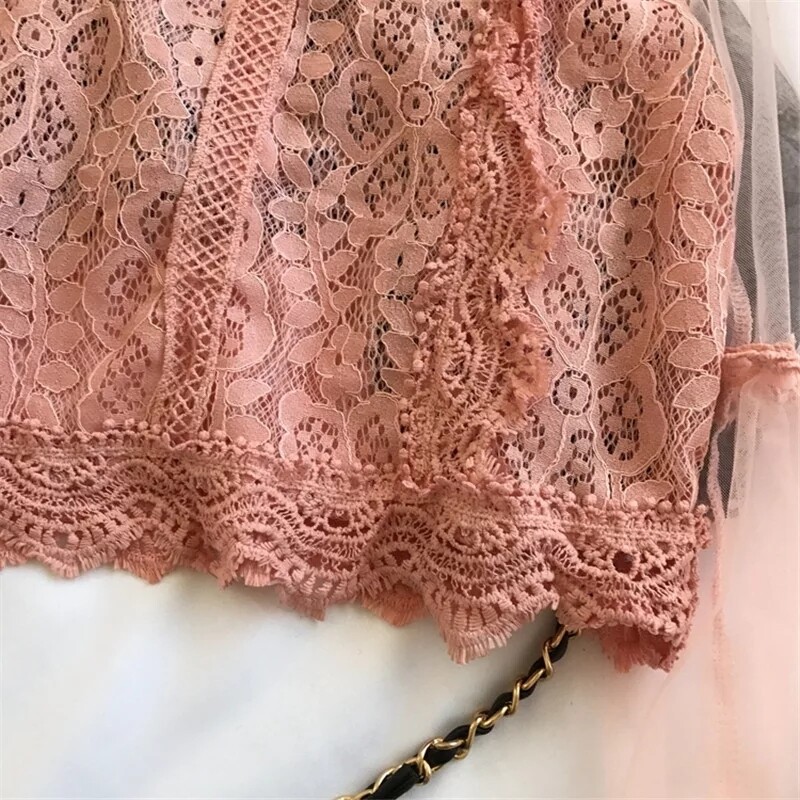 MUMUZI 2020 Spring new Korean hollow out lace blouse flower stitching mesh lantern sleeves lace shirt high waist short tops