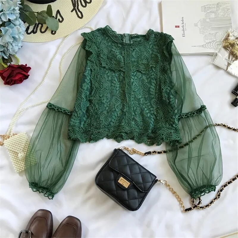 MUMUZI 2020 Spring new Korean hollow out lace blouse flower stitching mesh lantern sleeves lace shirt high waist short tops