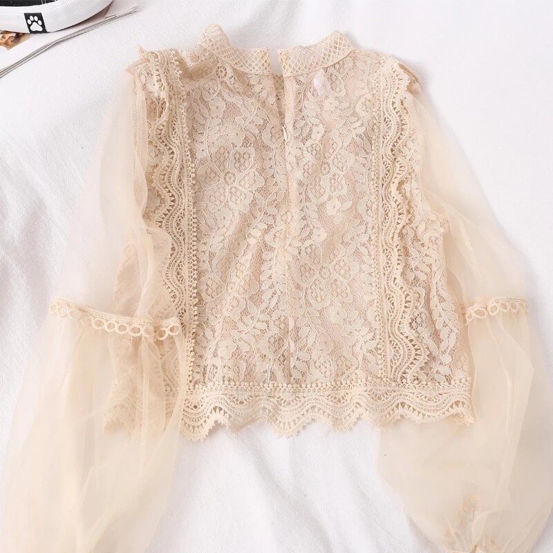MUMUZI 2020 Spring new Korean hollow out lace blouse flower stitching mesh lantern sleeves lace shirt high waist short tops