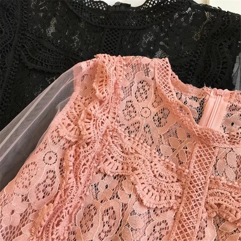 MUMUZI 2020 Spring new Korean hollow out lace blouse flower stitching mesh lantern sleeves lace shirt high waist short tops
