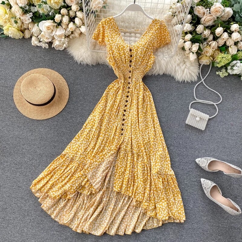 2020 summer new beach wear chiffon dress short sleeve front buttons print flower dresses female irregular dress with open back