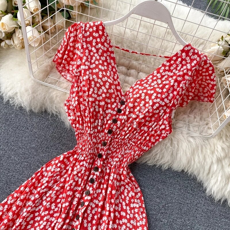 2020 summer new beach wear chiffon dress short sleeve front buttons print flower dresses female irregular dress with open back
