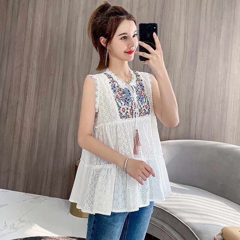 White Lace flower embroidery Cotton Women&#39;s Blouses Tunic Sleeveless O-Neck Sexy Female Tops 2020 Summer Fashion Ladies Blouse