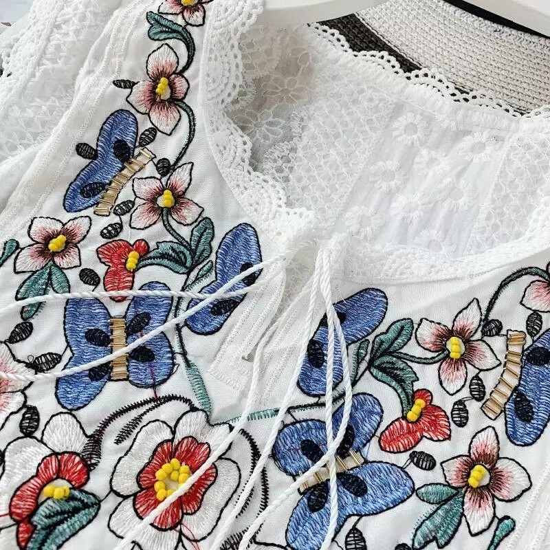White Lace flower embroidery Cotton Women&#39;s Blouses Tunic Sleeveless O-Neck Sexy Female Tops 2020 Summer Fashion Ladies Blouse