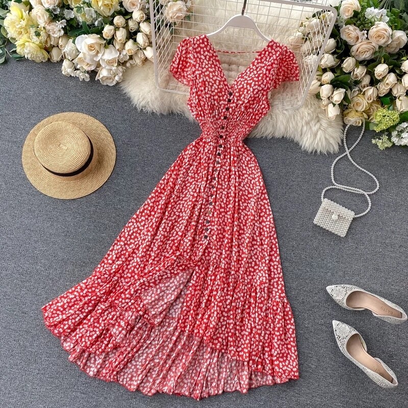 2020 summer new beach wear chiffon dress short sleeve front buttons print flower dresses female irregular dress with open back