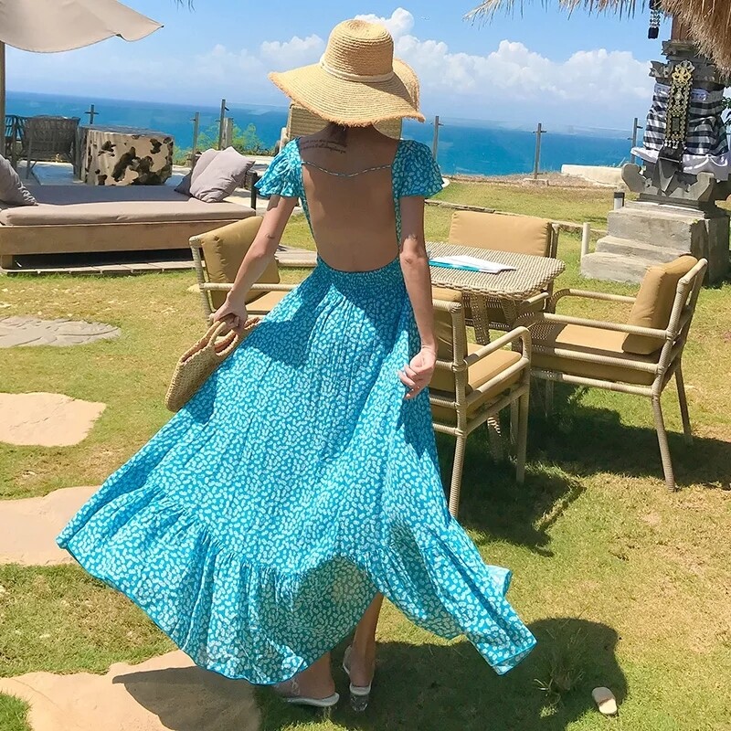 2020 summer new beach wear chiffon dress short sleeve front buttons print flower dresses female irregular dress with open back
