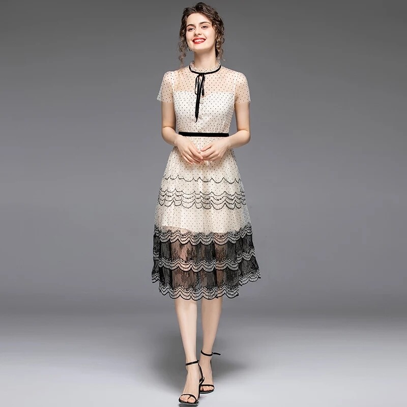 Summer Vintage Ploka Dot Lace Stitching Embroided Dress Women Clothes 2020 Sweet Princess Striped Party Dress Sommerkleid K8616