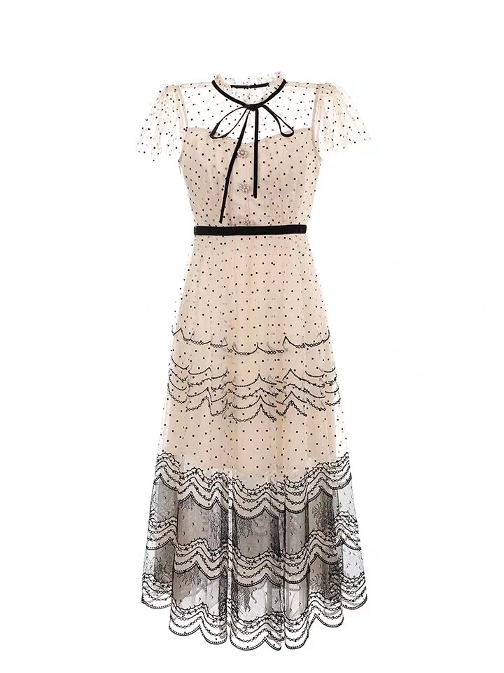 Summer Vintage Ploka Dot Lace Stitching Embroided Dress Women Clothes 2020 Sweet Princess Striped Party Dress Sommerkleid K8616