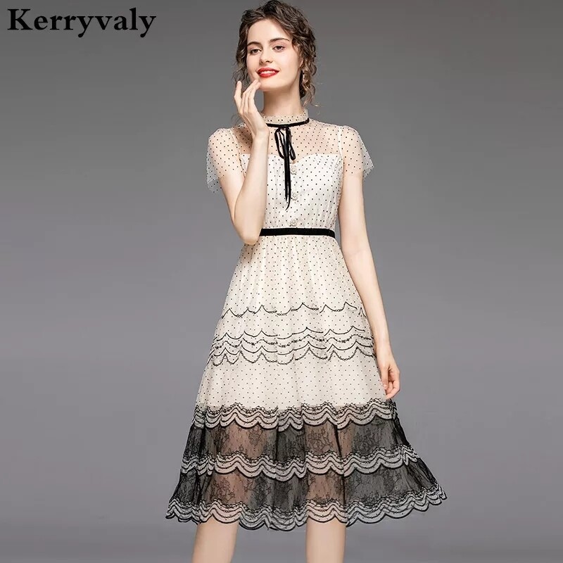Summer Vintage Ploka Dot Lace Stitching Embroided Dress Women Clothes 2020 Sweet Princess Striped Party Dress Sommerkleid K8616
