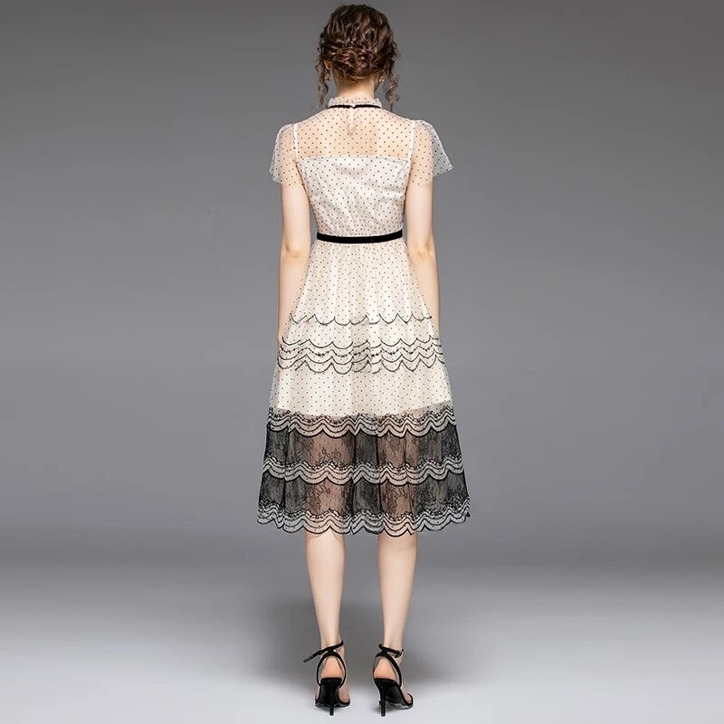 Summer Vintage Ploka Dot Lace Stitching Embroided Dress Women Clothes 2020 Sweet Princess Striped Party Dress Sommerkleid K8616