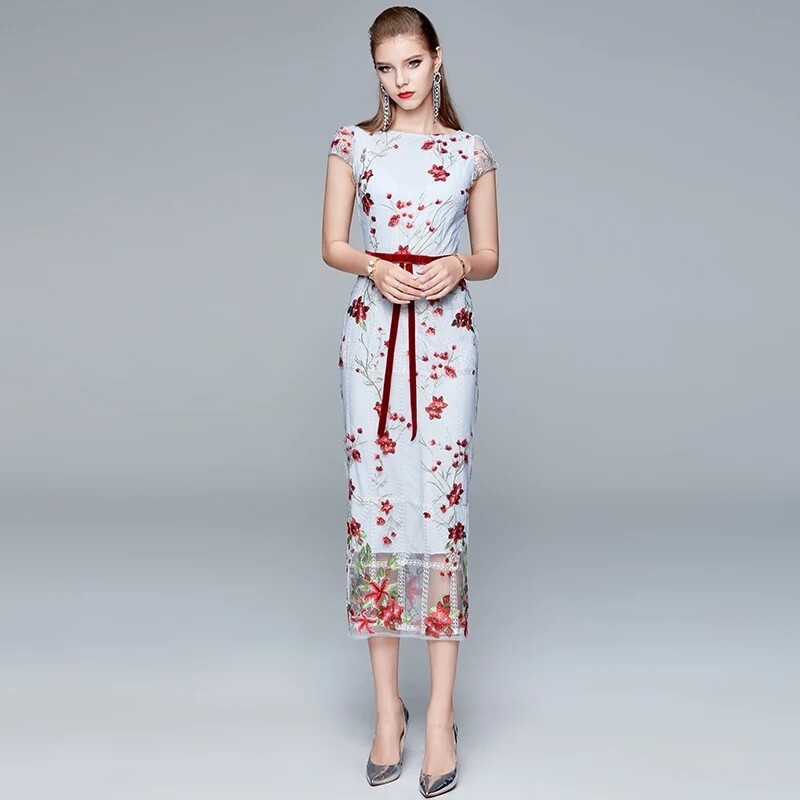 Elegant Mesh White Embroidery Bodaycon Dress Robe Femme T 2020 Velvet Bow Floral Slim Ladies Dress Dames Jurken K6650